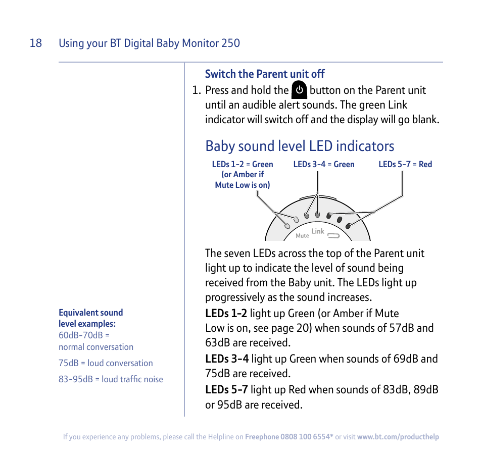 Baby sound level led indicators | BT 250 User Manual | Page 18 / 41