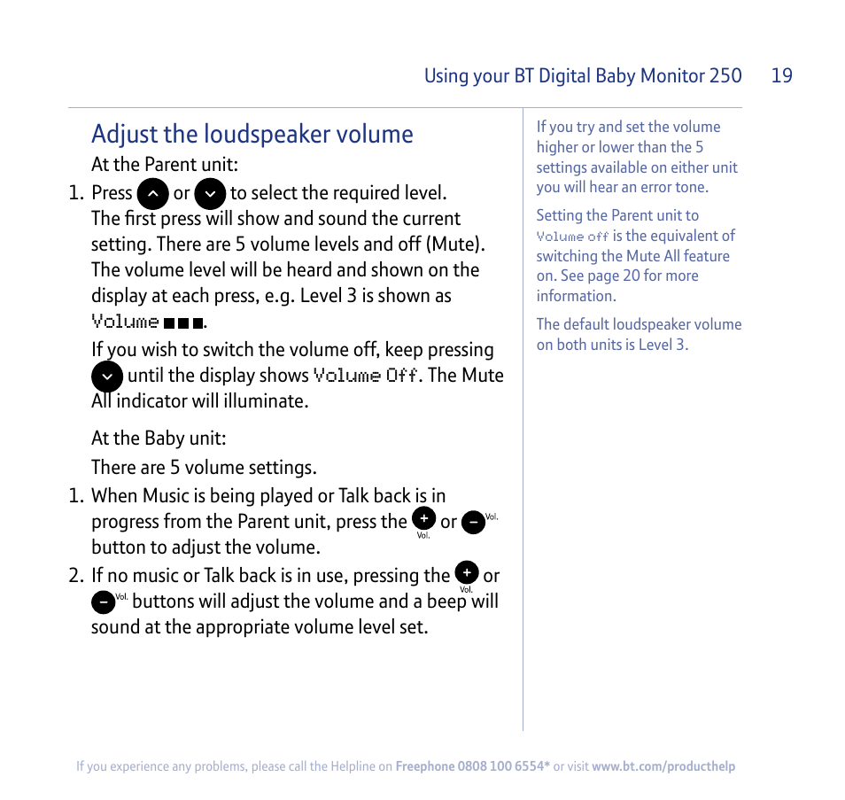 Adjust the loudspeaker volume | BT 250 User Manual | Page 19 / 41