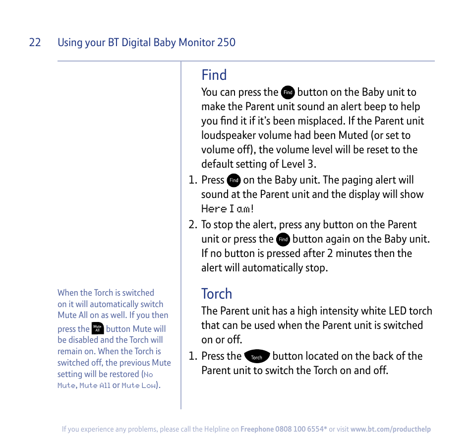 Find, Torch | BT 250 User Manual | Page 22 / 41