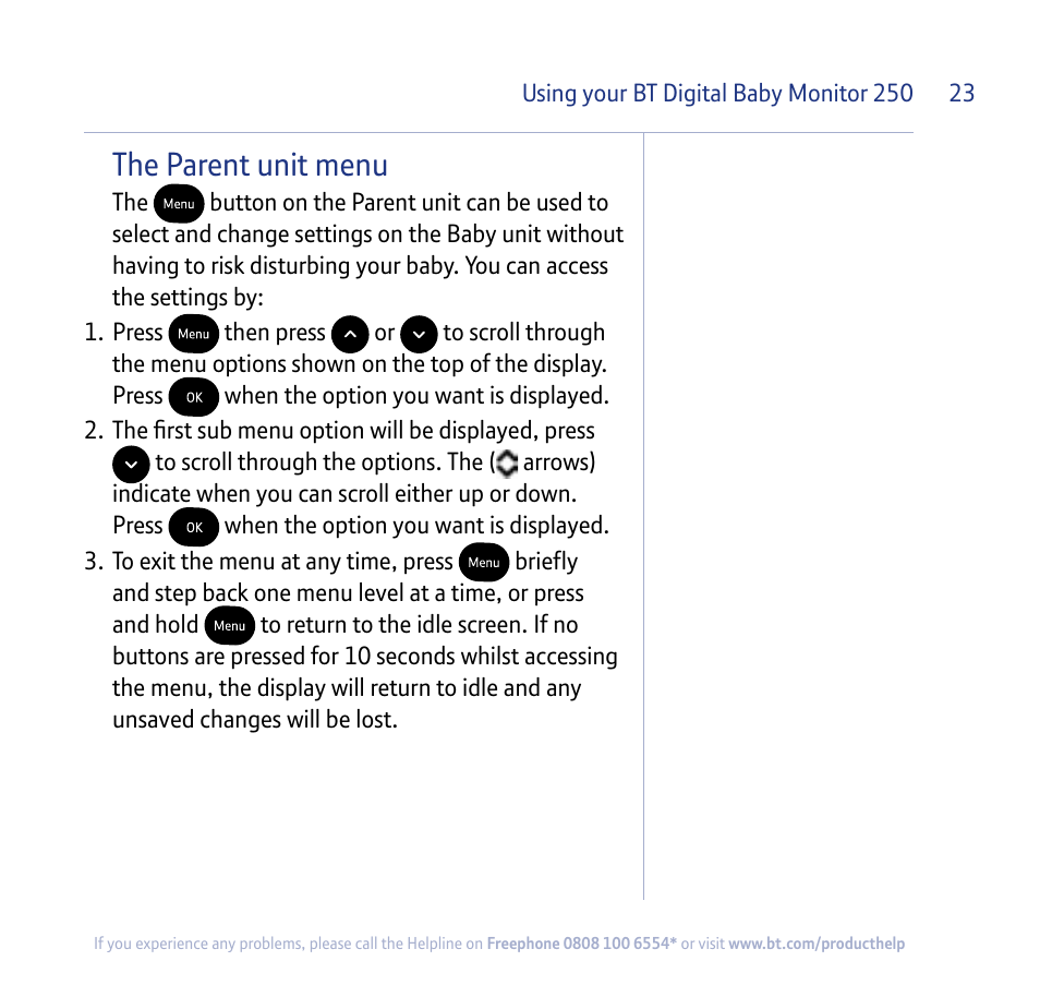 The parent unit menu | BT 250 User Manual | Page 23 / 41
