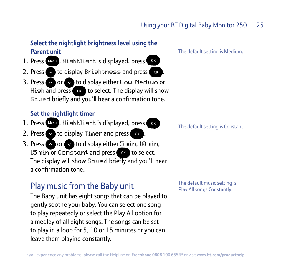 Play music from the baby unit | BT 250 User Manual | Page 25 / 41