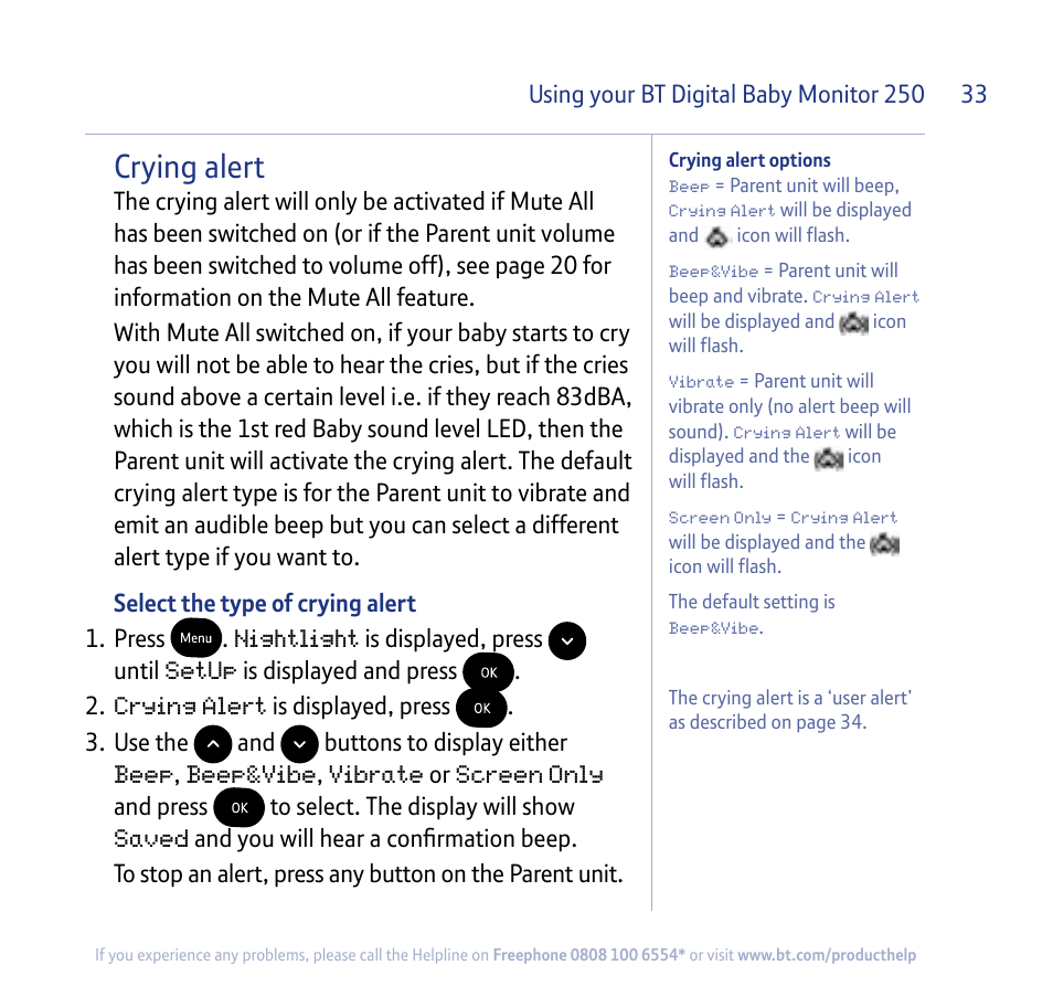 Crying alert | BT 250 User Manual | Page 33 / 41