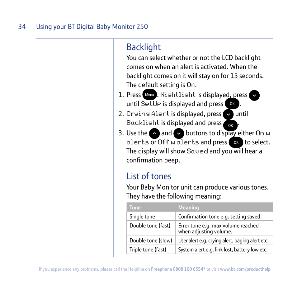 Backlight, List of tones | BT 250 User Manual | Page 34 / 41