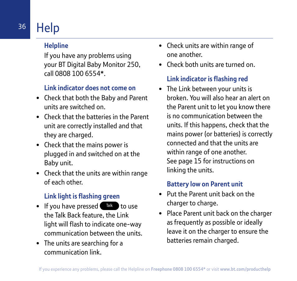 Help | BT 250 User Manual | Page 36 / 41