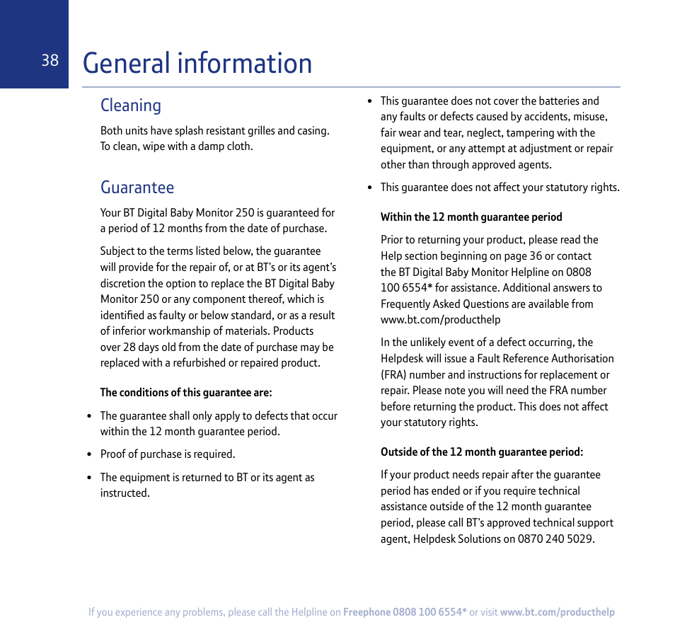 General information, Cleaning, Guarantee | BT 250 User Manual | Page 38 / 41