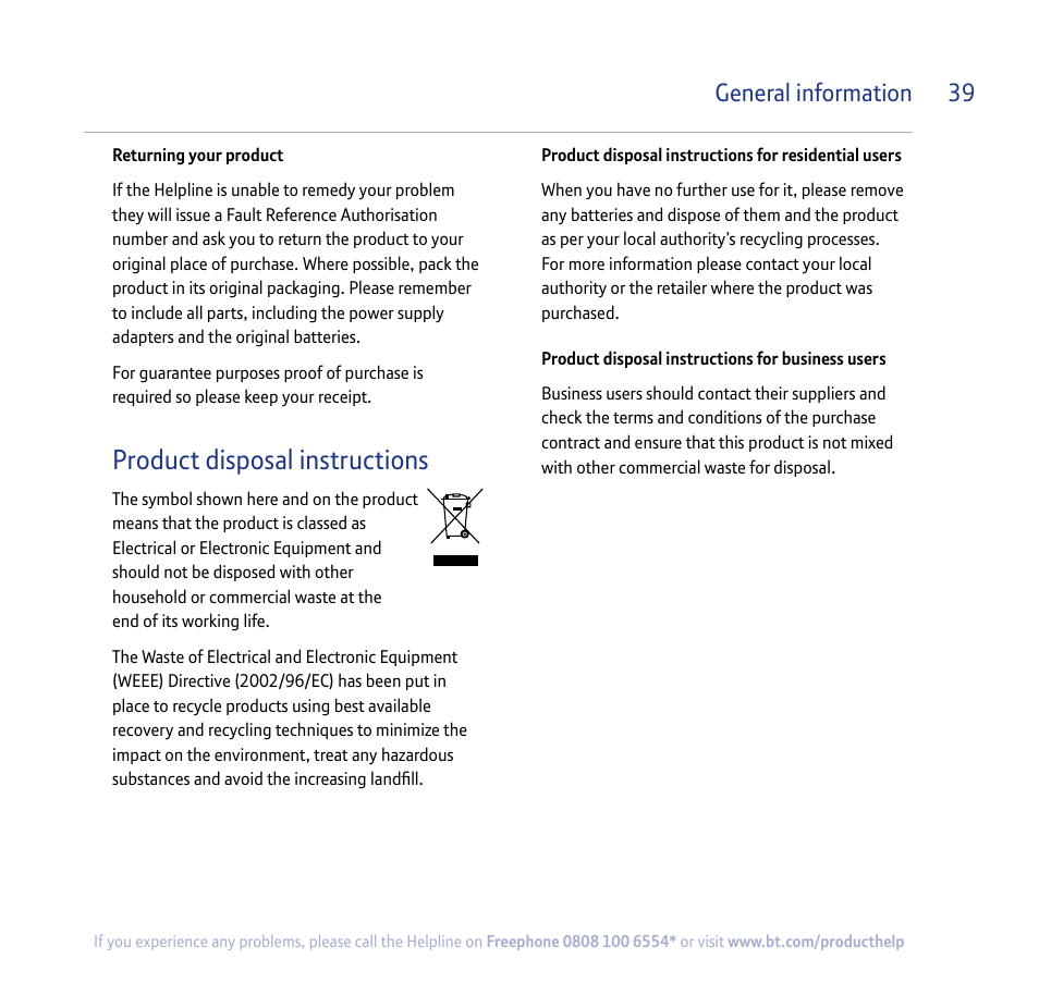 Product disposal instructions, General information 39 | BT 250 User Manual | Page 39 / 41