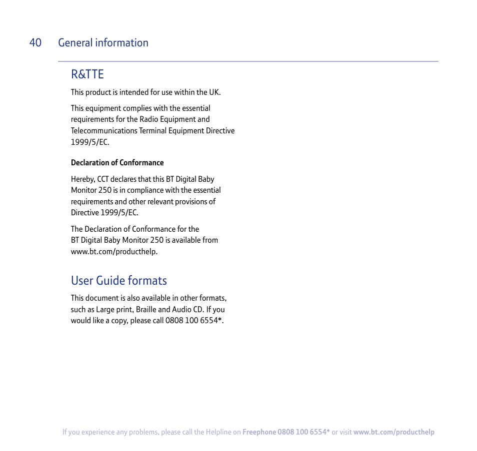 R&tte, User guide formats, General information | BT 250 User Manual | Page 40 / 41