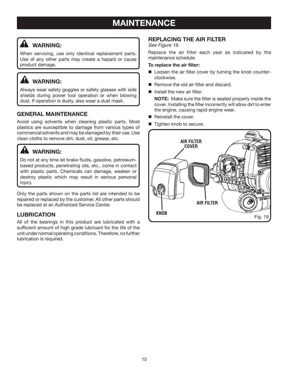 Maintenance | Ryobi RY60520 User Manual | Page 15 / 22