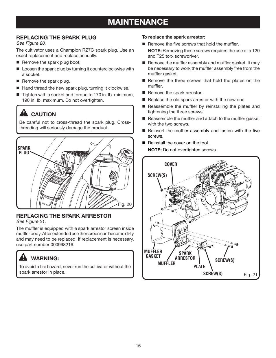 Maintenance | Ryobi RY60520 User Manual | Page 16 / 22