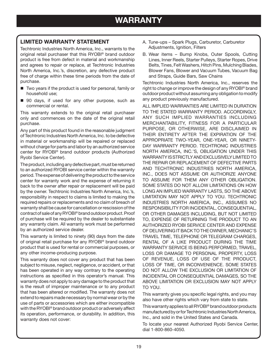 Warranty, Limited warranty statement | Ryobi RY60520 User Manual | Page 19 / 22