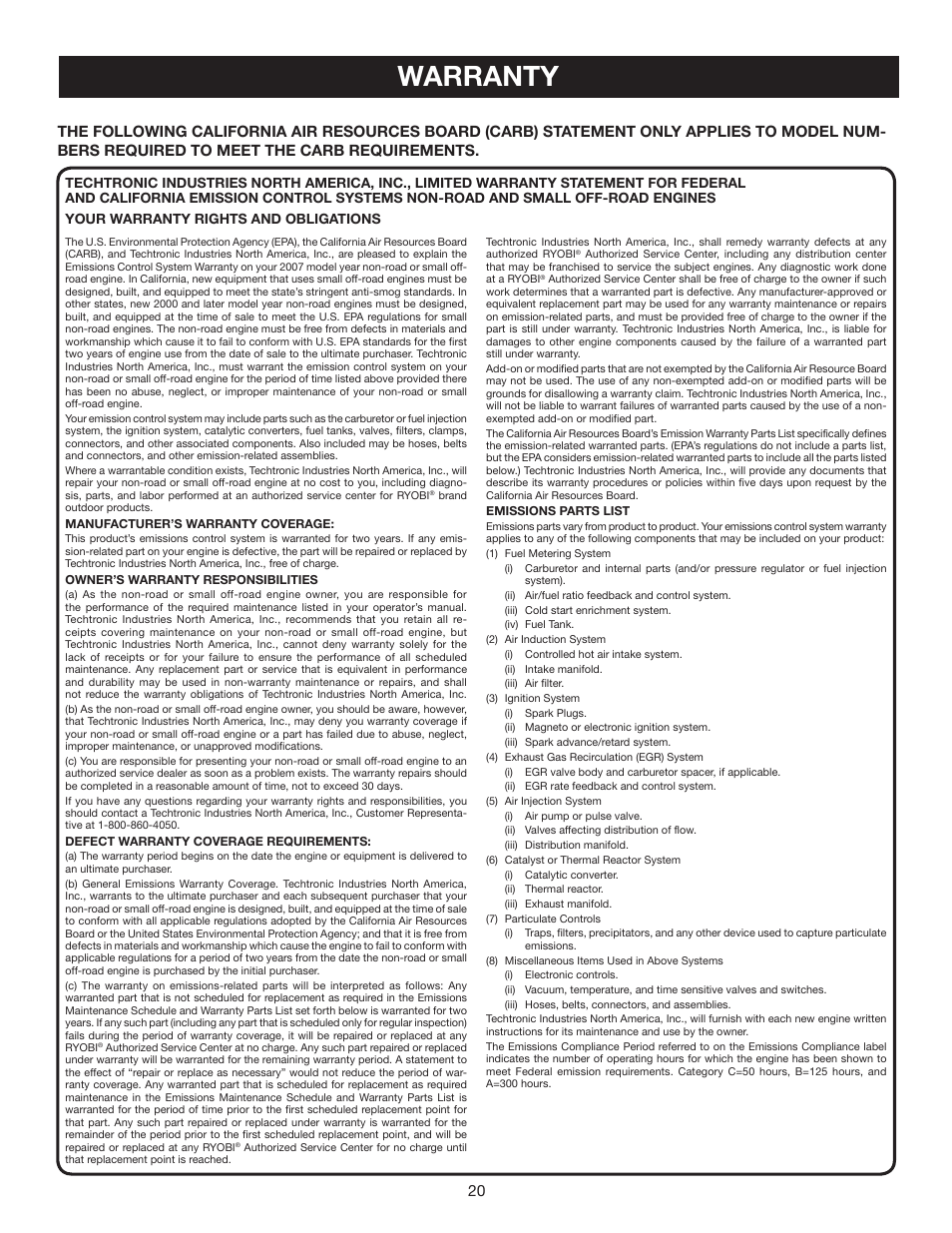 Warranty | Ryobi RY60520 User Manual | Page 20 / 22