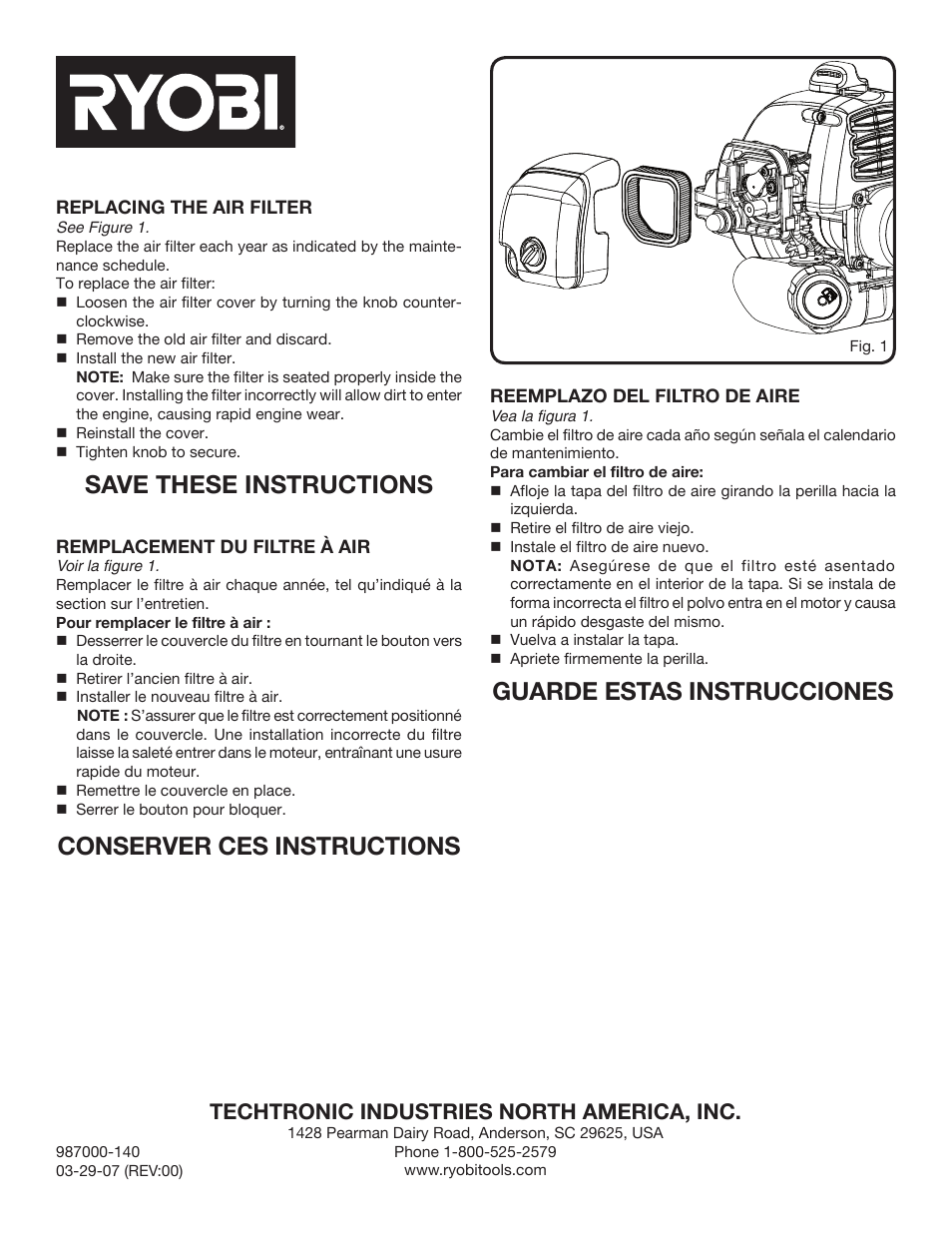 Ryobi RY60520 User Manual | 1 page