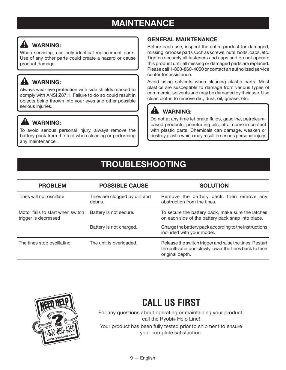Call us first, Maintenance troubleshooting | Ryobi P2700 User Manual | Page 11 / 30