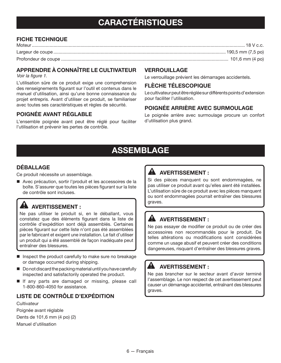 Caractéristiques, Assemblage | Ryobi P2700 User Manual | Page 16 / 30