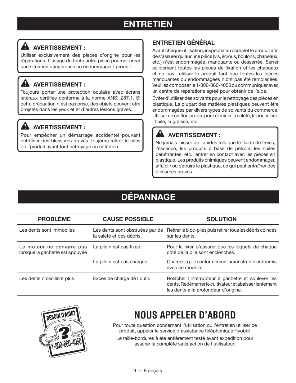 Nous appeler d’abord, Entretien dépannage, Besoin d’aid e | Ryobi P2700 User Manual | Page 19 / 30