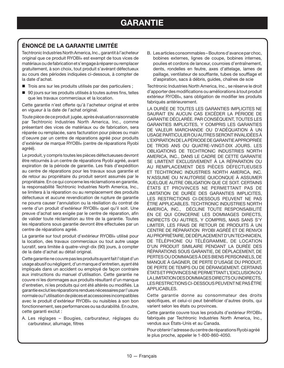 Garantie, Énoncé de la garantie limitée | Ryobi P2700 User Manual | Page 20 / 30