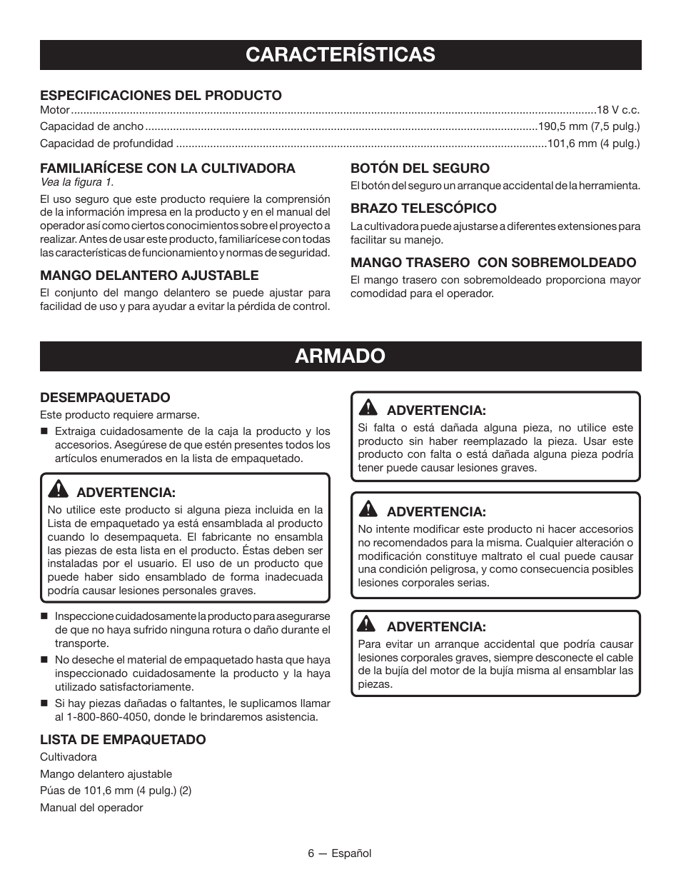 Características, Armado | Ryobi P2700 User Manual | Page 24 / 30
