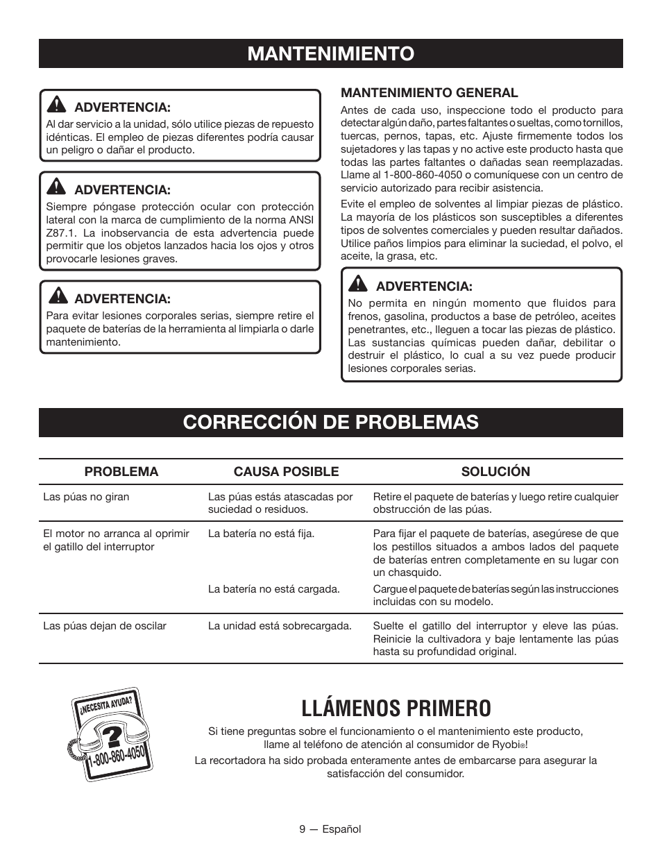 Llámenos primero, Mantenimiento corrección de problemas | Ryobi P2700 User Manual | Page 27 / 30