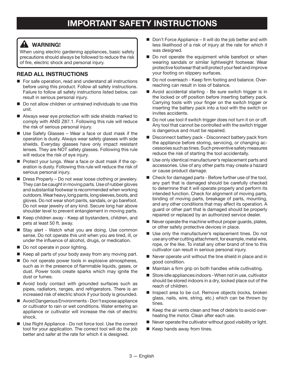Important safety instructions | Ryobi P2700 User Manual | Page 5 / 30
