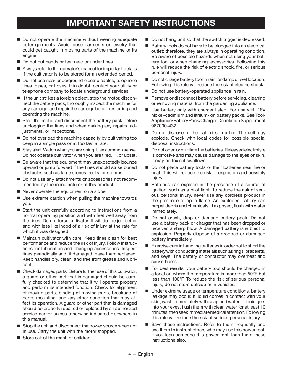 Important safety instructions | Ryobi P2700 User Manual | Page 6 / 30