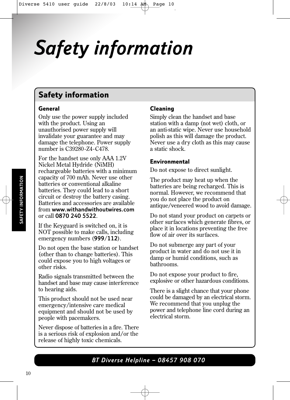 Safety information | BT DIVERSE 5410 User Manual | Page 10 / 72