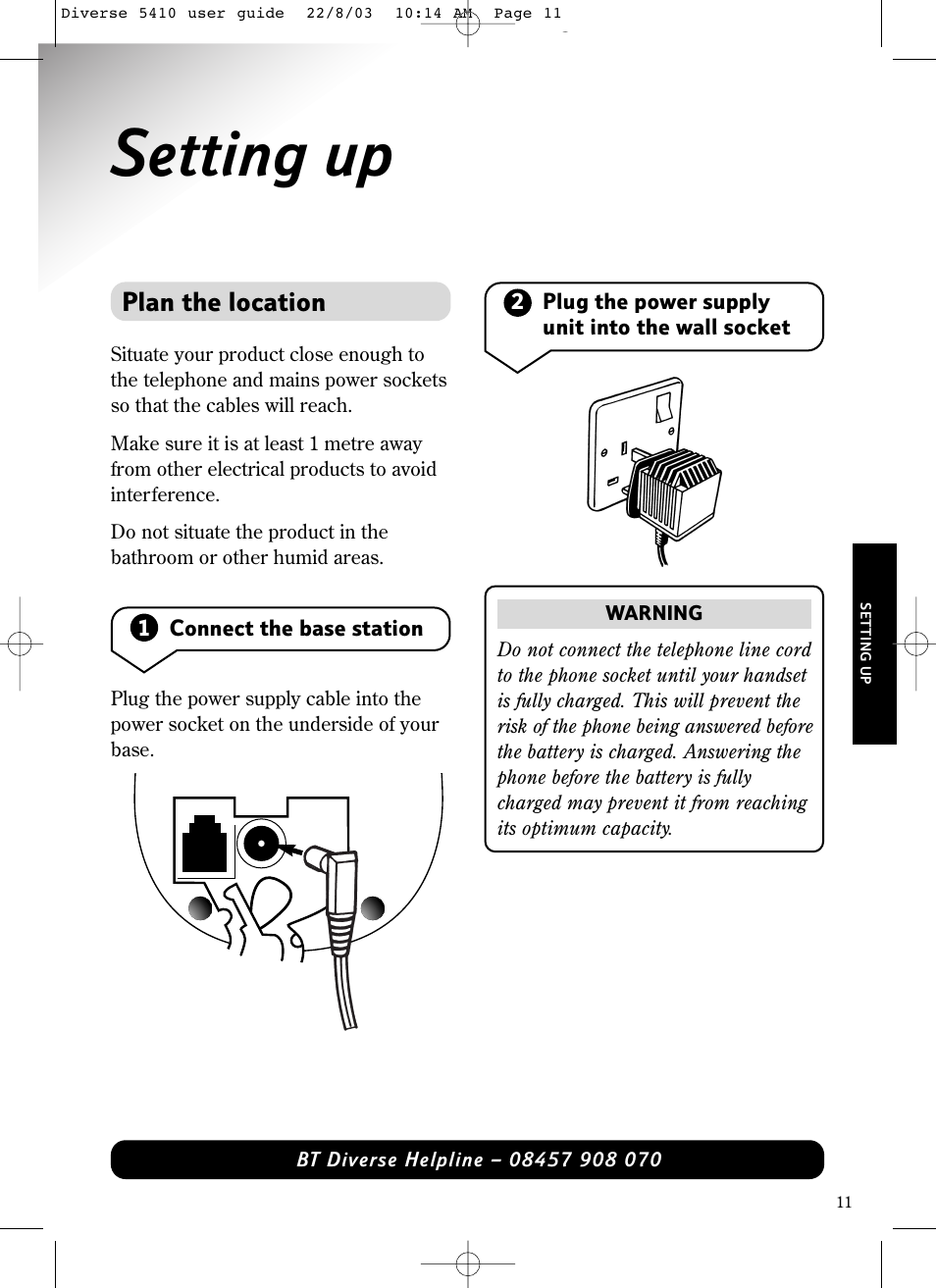 Setting up, Plan the location | BT DIVERSE 5410 User Manual | Page 11 / 72