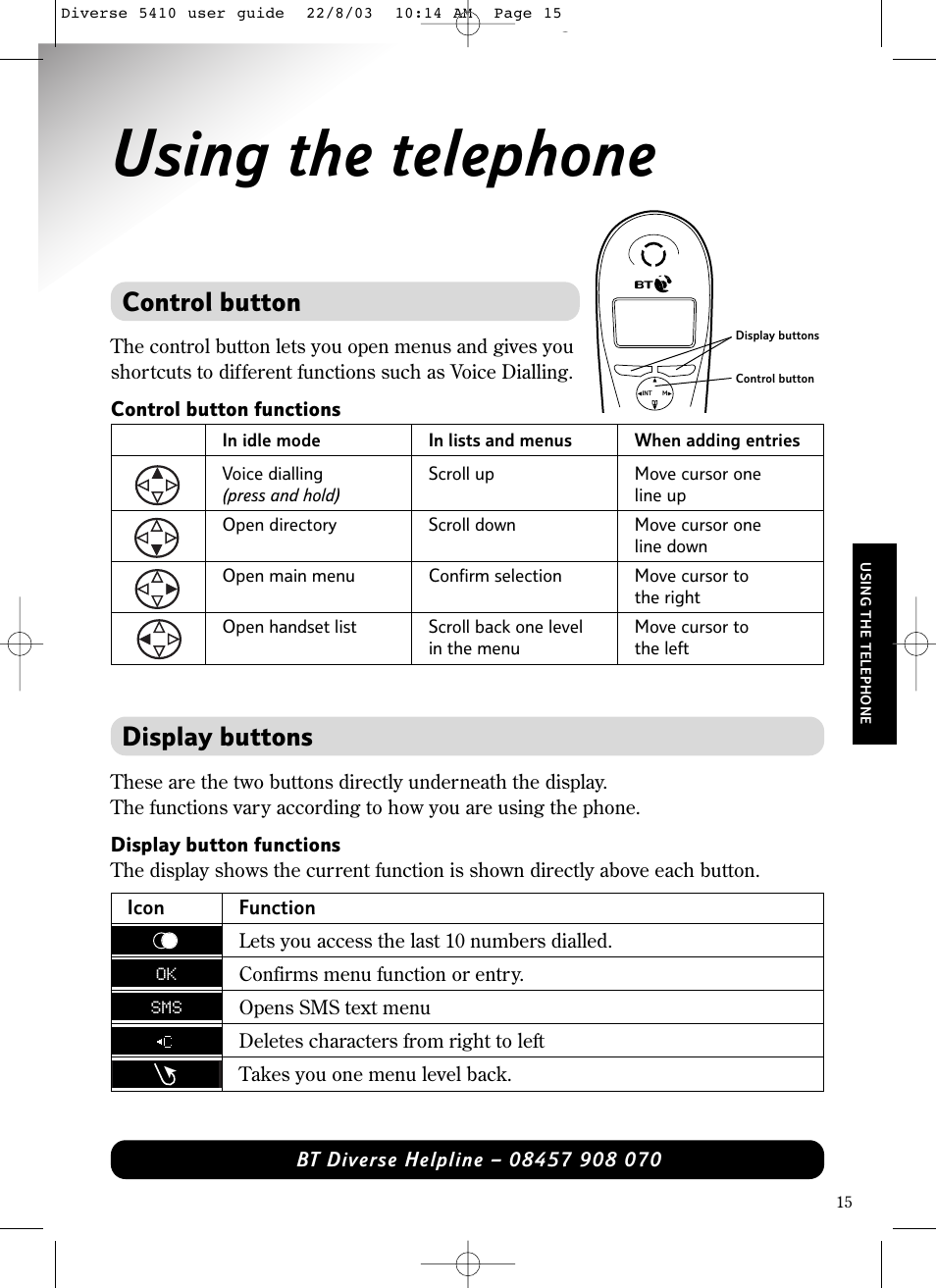 Using the telephone, Control button, Display buttons | BT DIVERSE 5410 User Manual | Page 15 / 72