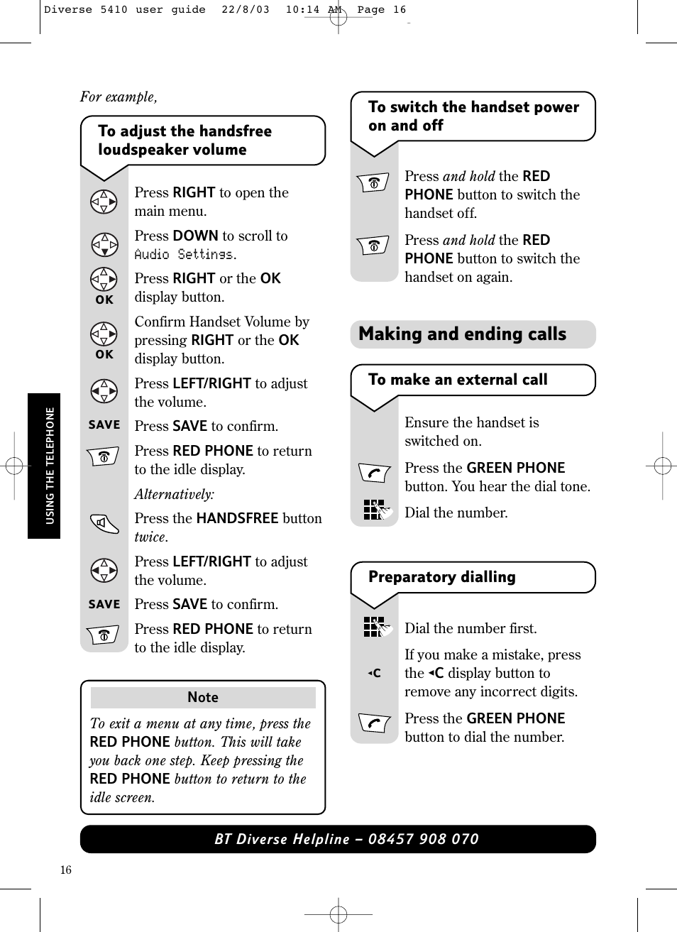 Making and ending calls | BT DIVERSE 5410 User Manual | Page 16 / 72