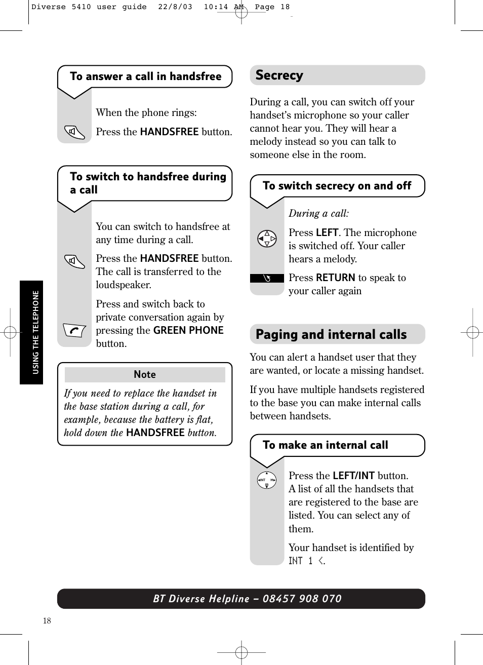 Secrecy, Paging and internal calls | BT DIVERSE 5410 User Manual | Page 18 / 72