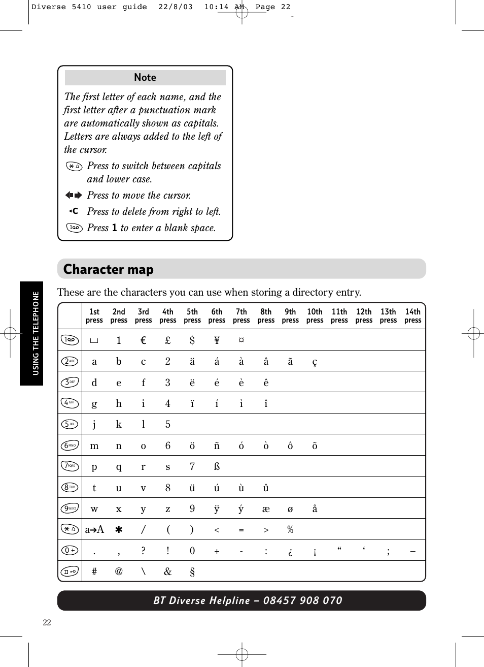 Character map | BT DIVERSE 5410 User Manual | Page 22 / 72