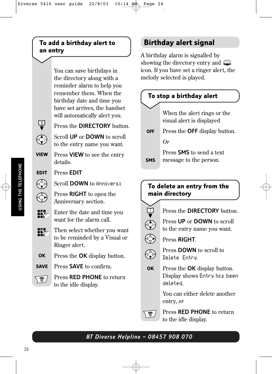 Birthday alert signal | BT DIVERSE 5410 User Manual | Page 24 / 72