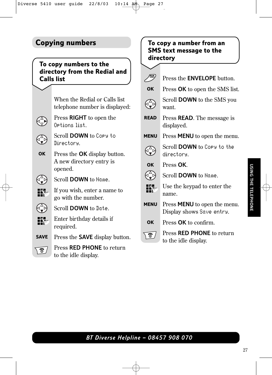 Copying numbers | BT DIVERSE 5410 User Manual | Page 27 / 72