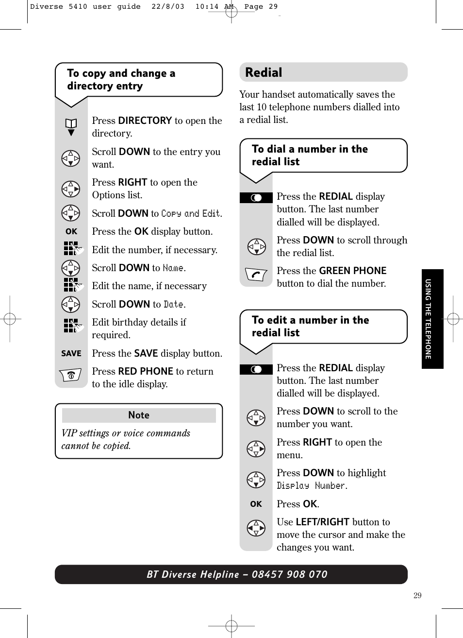 Redial | BT DIVERSE 5410 User Manual | Page 29 / 72
