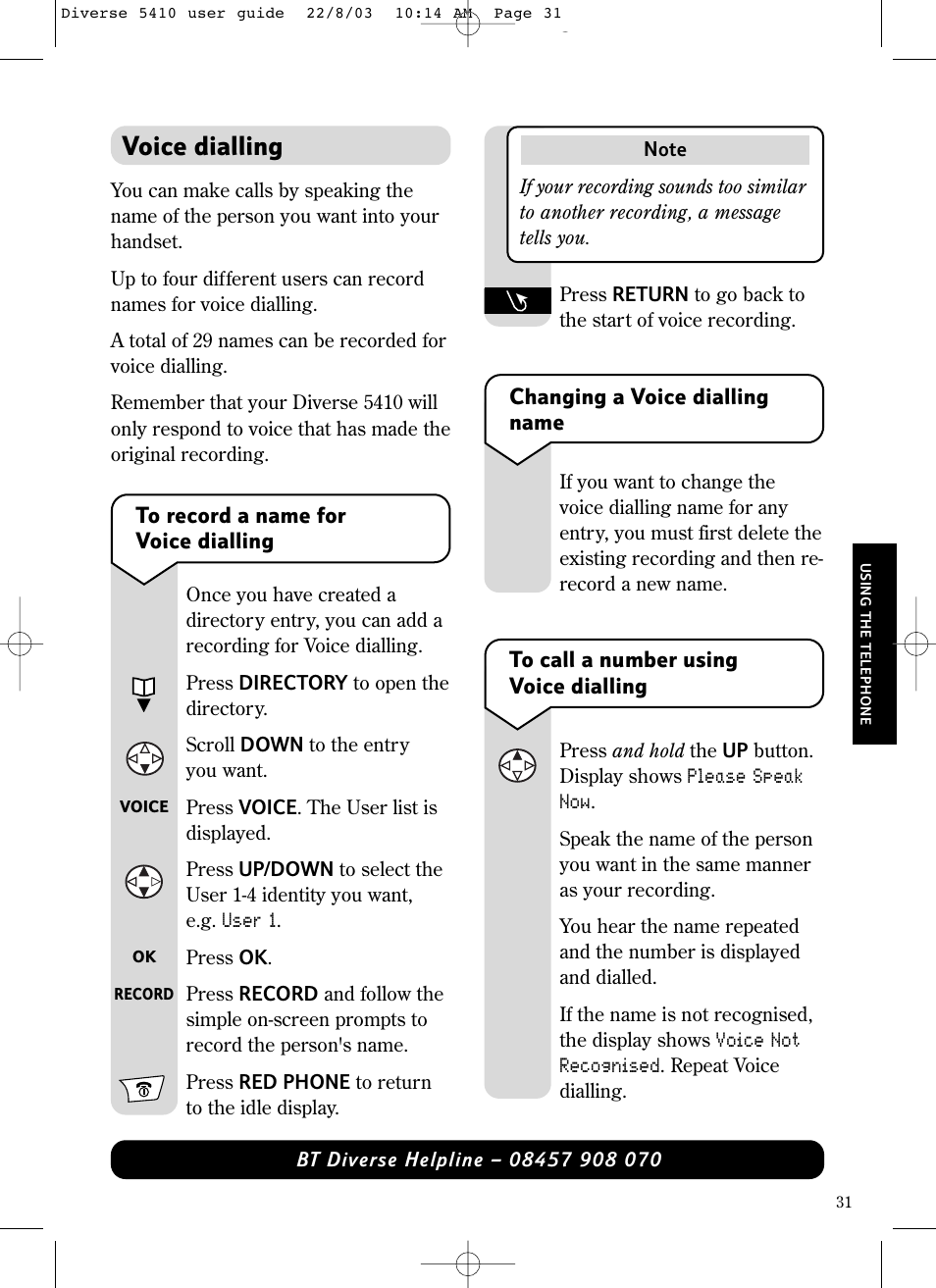 Voice dialling | BT DIVERSE 5410 User Manual | Page 31 / 72
