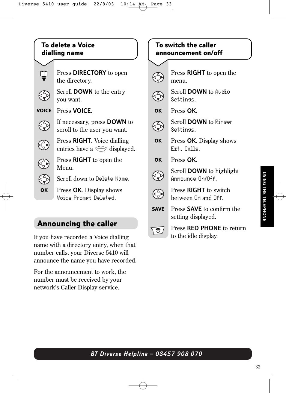 Announcing the caller | BT DIVERSE 5410 User Manual | Page 33 / 72