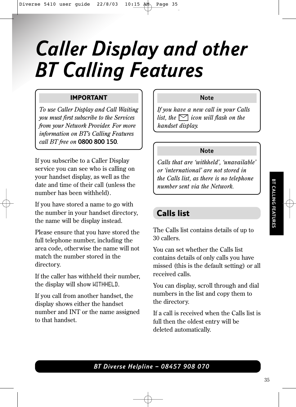 Caller display and other bt calling features, Calls list | BT DIVERSE 5410 User Manual | Page 35 / 72