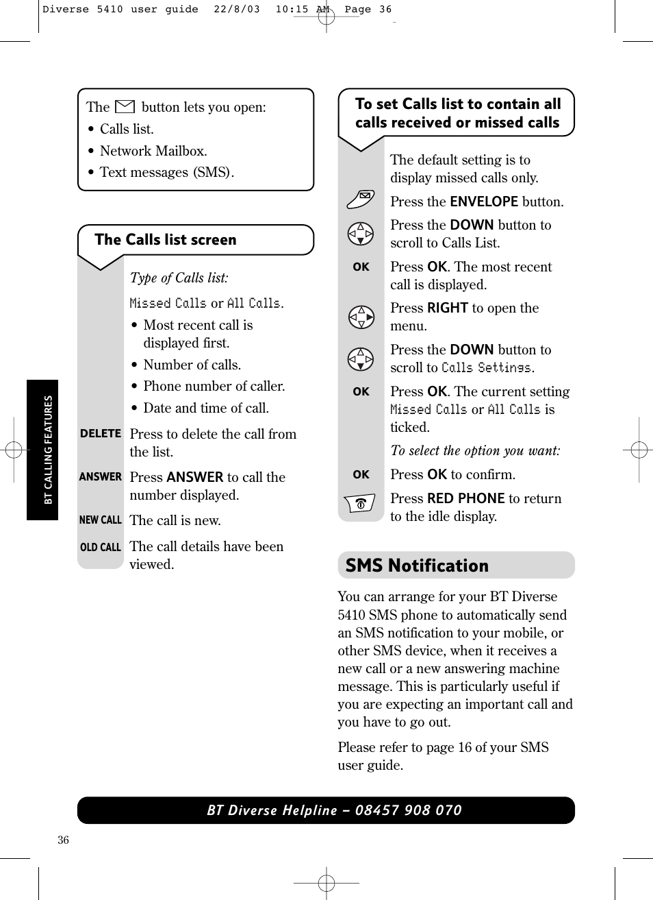 Sms notification | BT DIVERSE 5410 User Manual | Page 36 / 72
