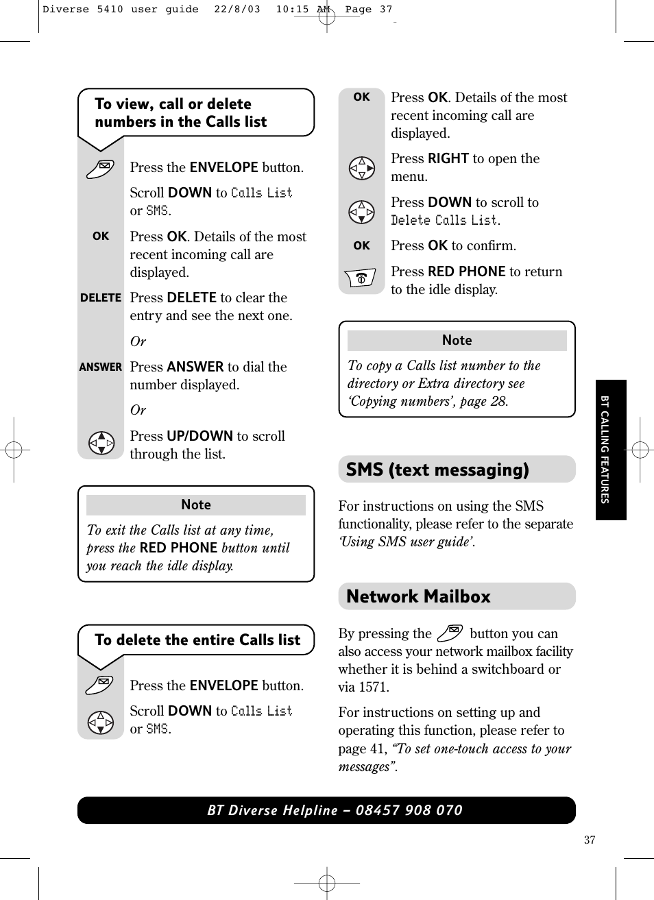 Sms (text messaging), Network mailbox | BT DIVERSE 5410 User Manual | Page 37 / 72