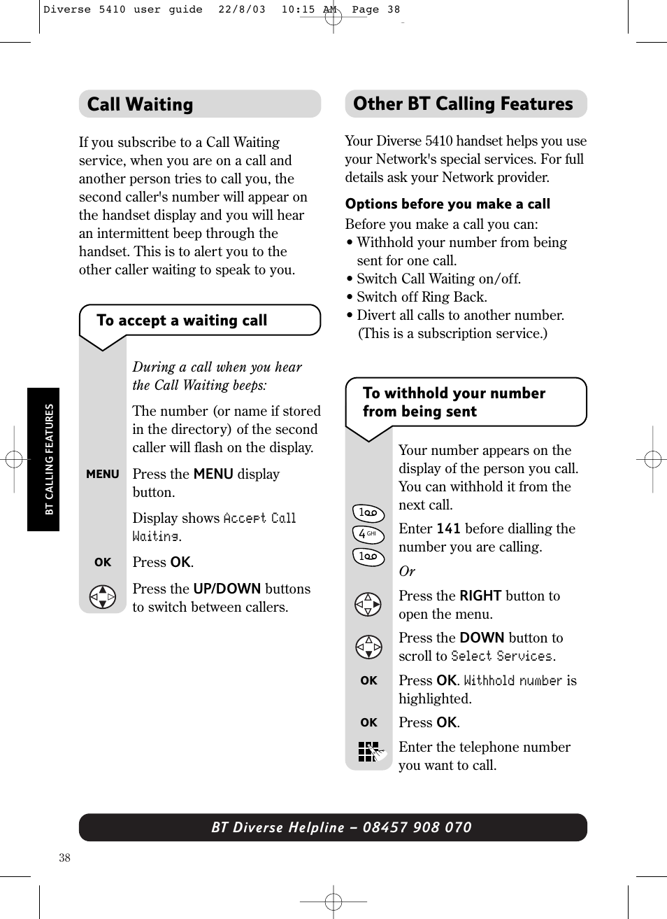 Other bt calling features, Call waiting | BT DIVERSE 5410 User Manual | Page 38 / 72