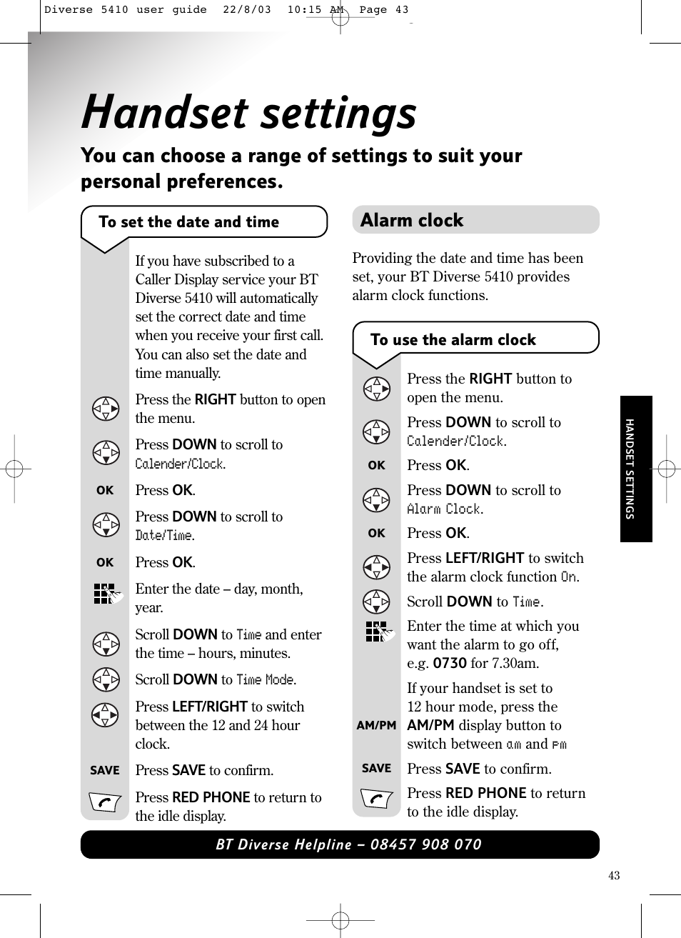 Handset settings, Alarm clock | BT DIVERSE 5410 User Manual | Page 43 / 72