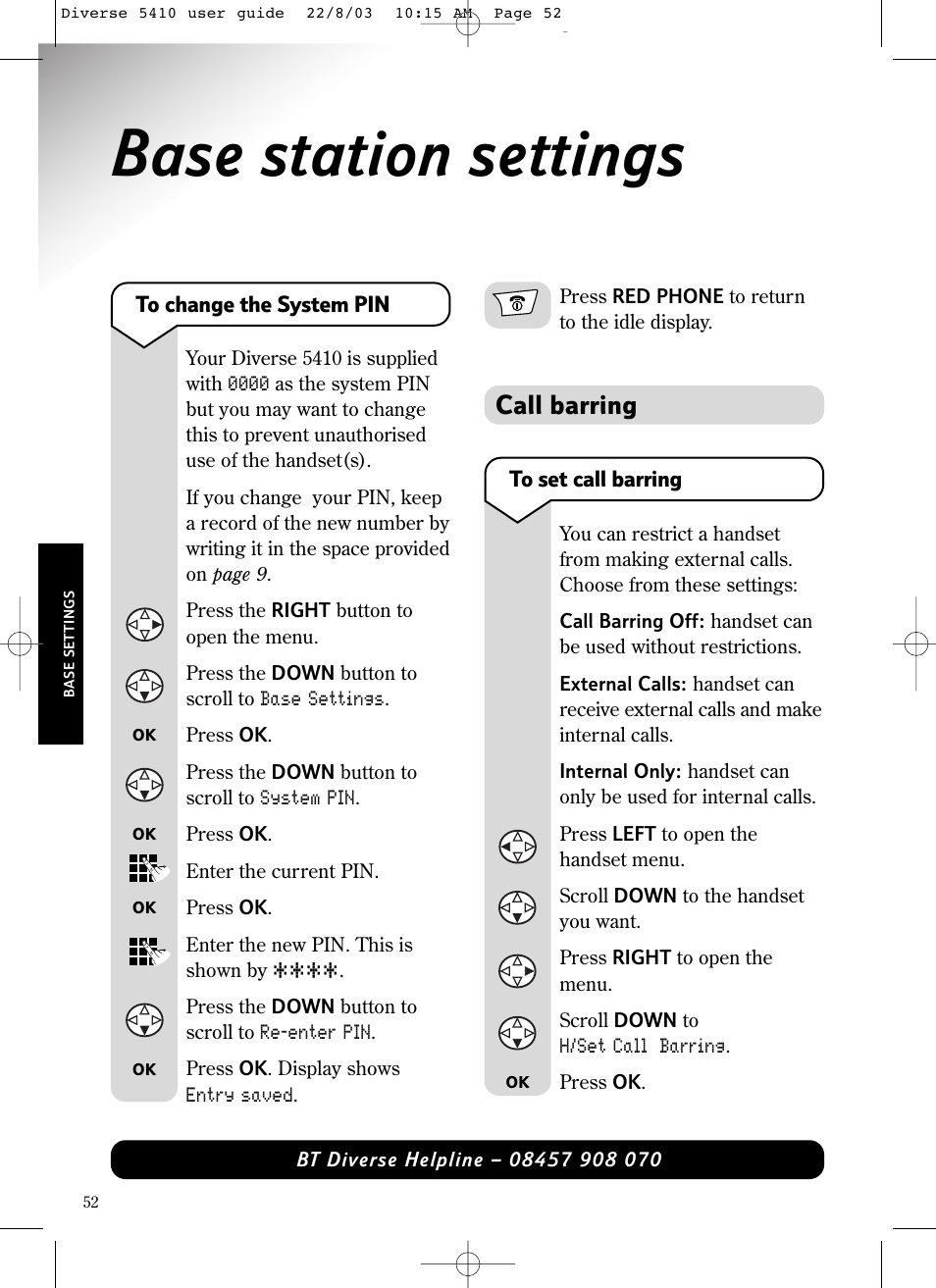 Base station settings, Call barring | BT DIVERSE 5410 User Manual | Page 52 / 72