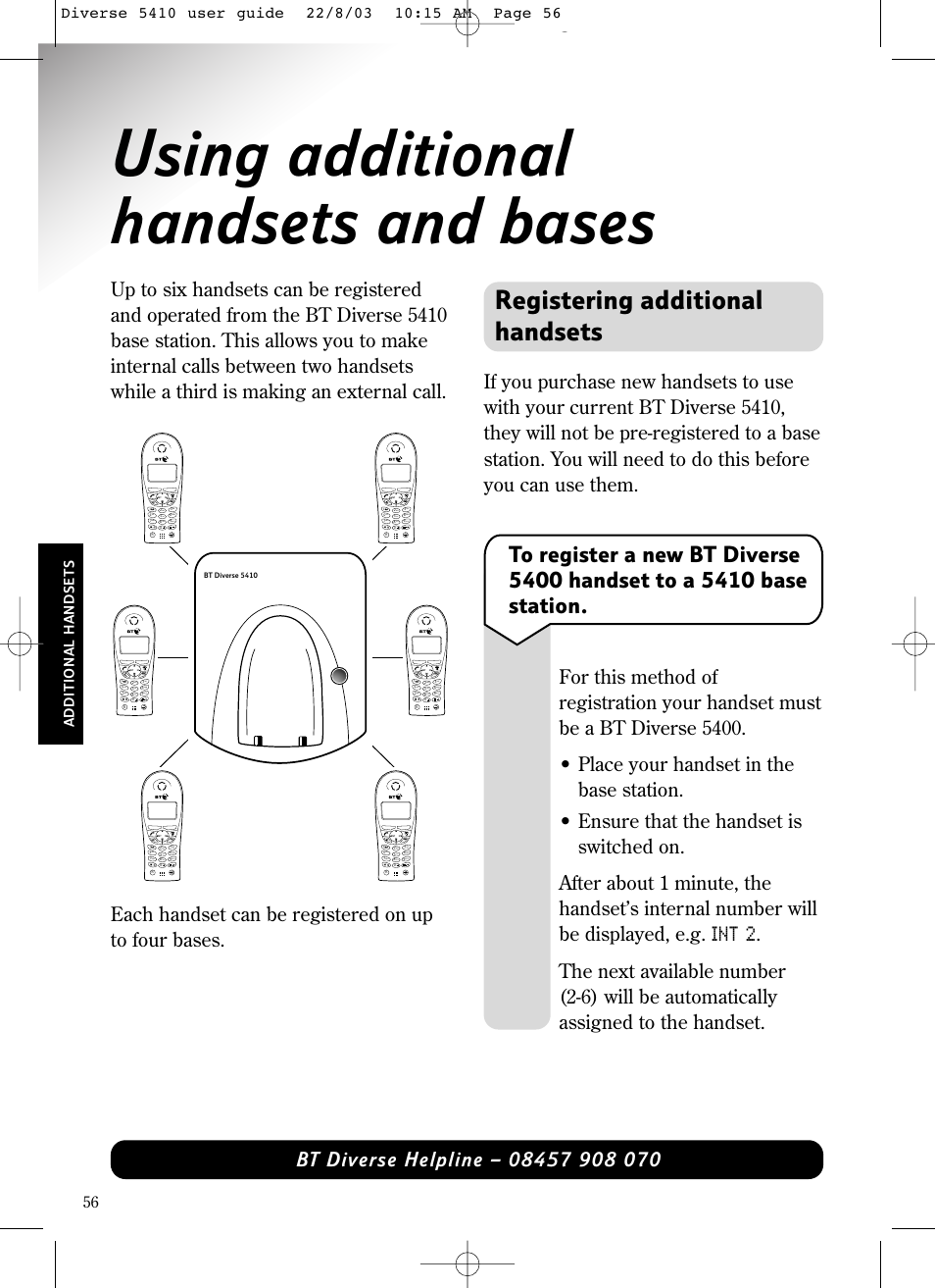 Using additional handsets and bases, Registering additional handsets, Int 2 | Wxyz, Pqrs, Tuv ghi, Additional handset s | BT DIVERSE 5410 User Manual | Page 56 / 72