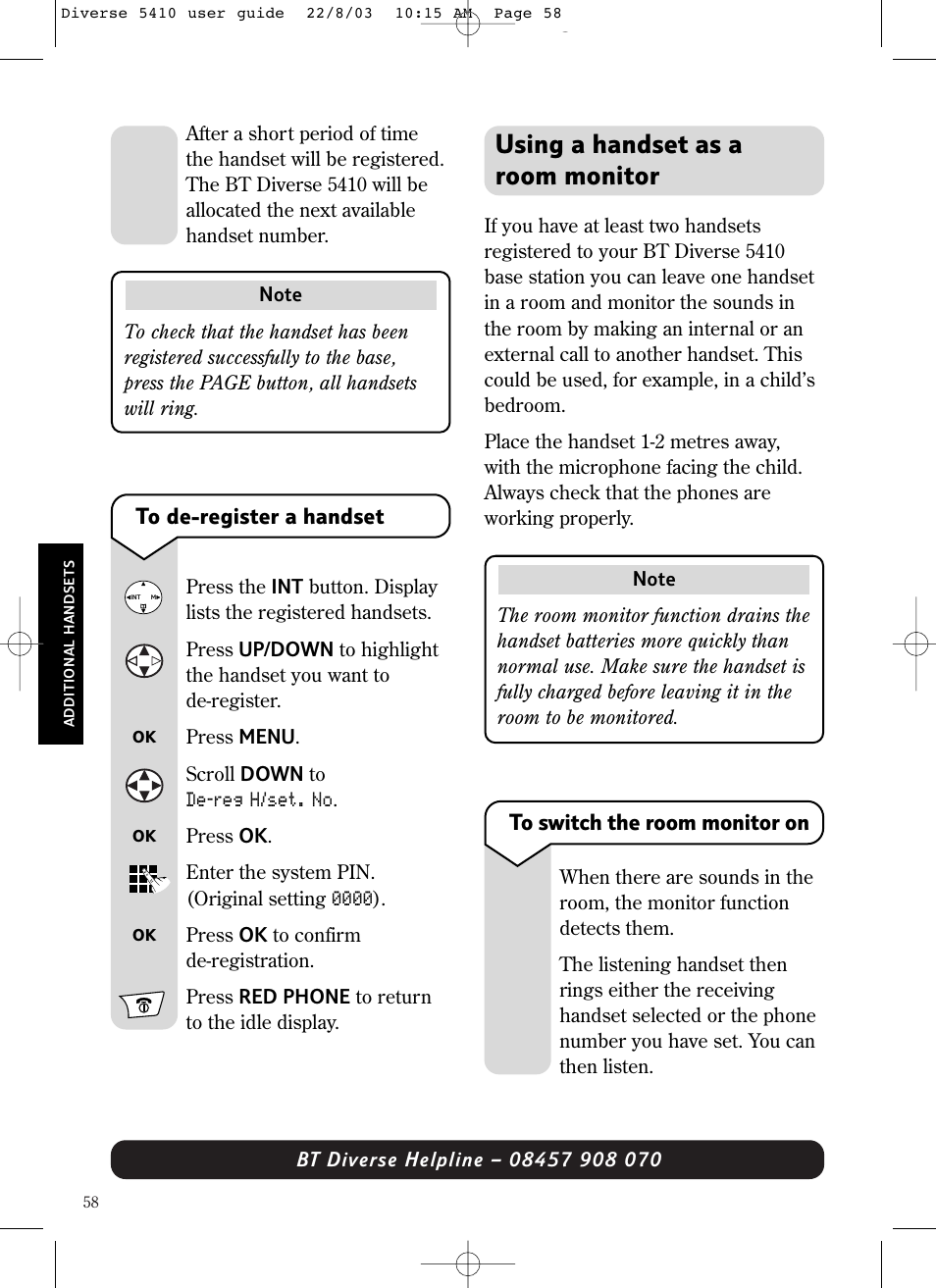 Using a handset as a room monitor | BT DIVERSE 5410 User Manual | Page 58 / 72
