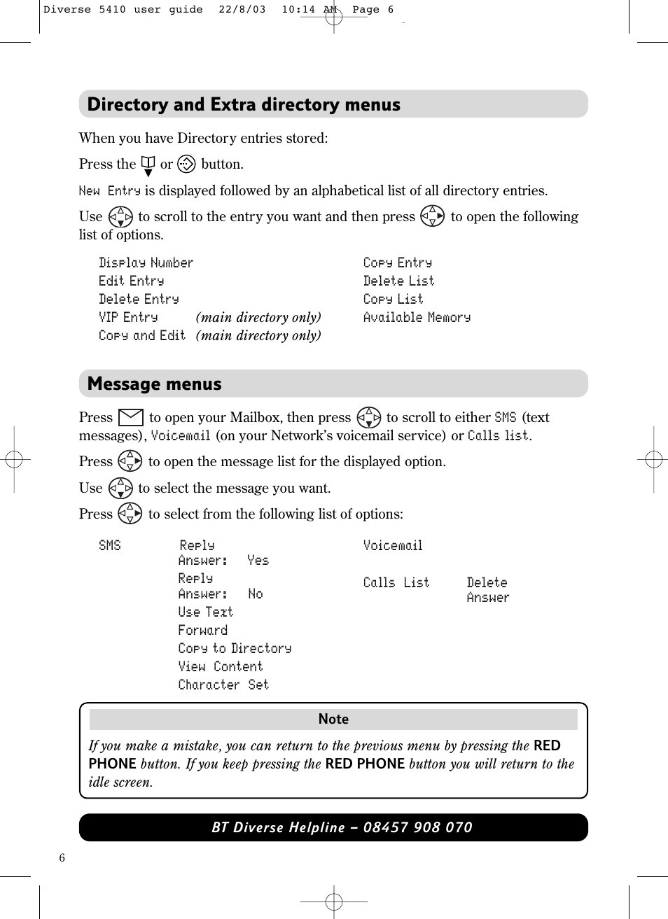 Directory and extra directory menus, Message menus | BT DIVERSE 5410 User Manual | Page 6 / 72