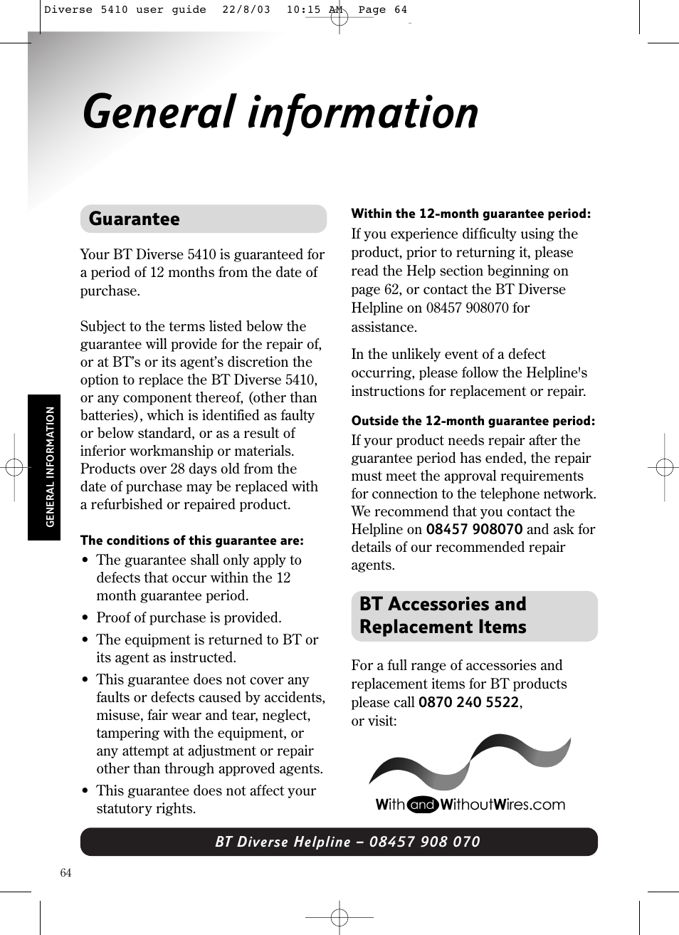 General information, Guarantee, Bt accessories and replacement items | BT DIVERSE 5410 User Manual | Page 64 / 72