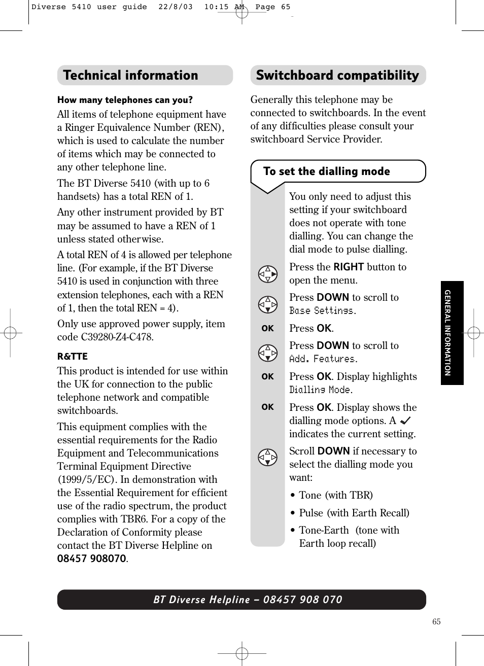 Switchboard compatibility, Technical information | BT DIVERSE 5410 User Manual | Page 65 / 72