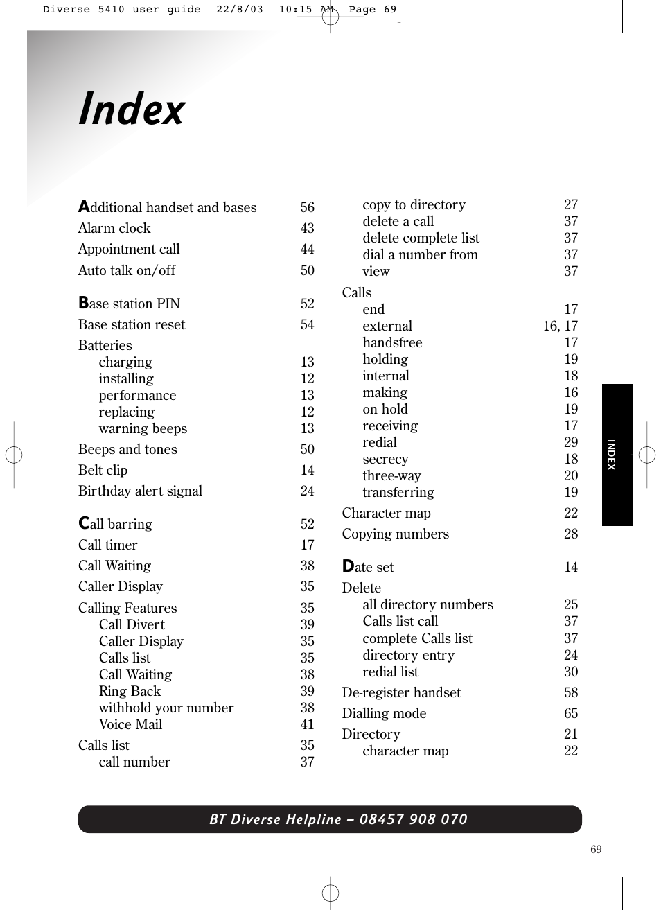 Index | BT DIVERSE 5410 User Manual | Page 69 / 72