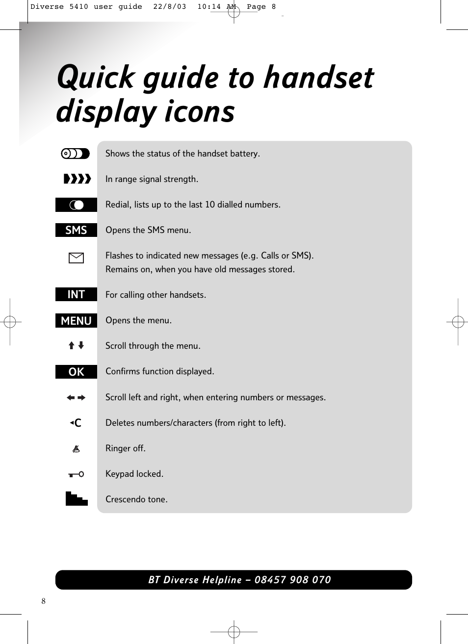 Quick guide to handset display icons | BT DIVERSE 5410 User Manual | Page 8 / 72