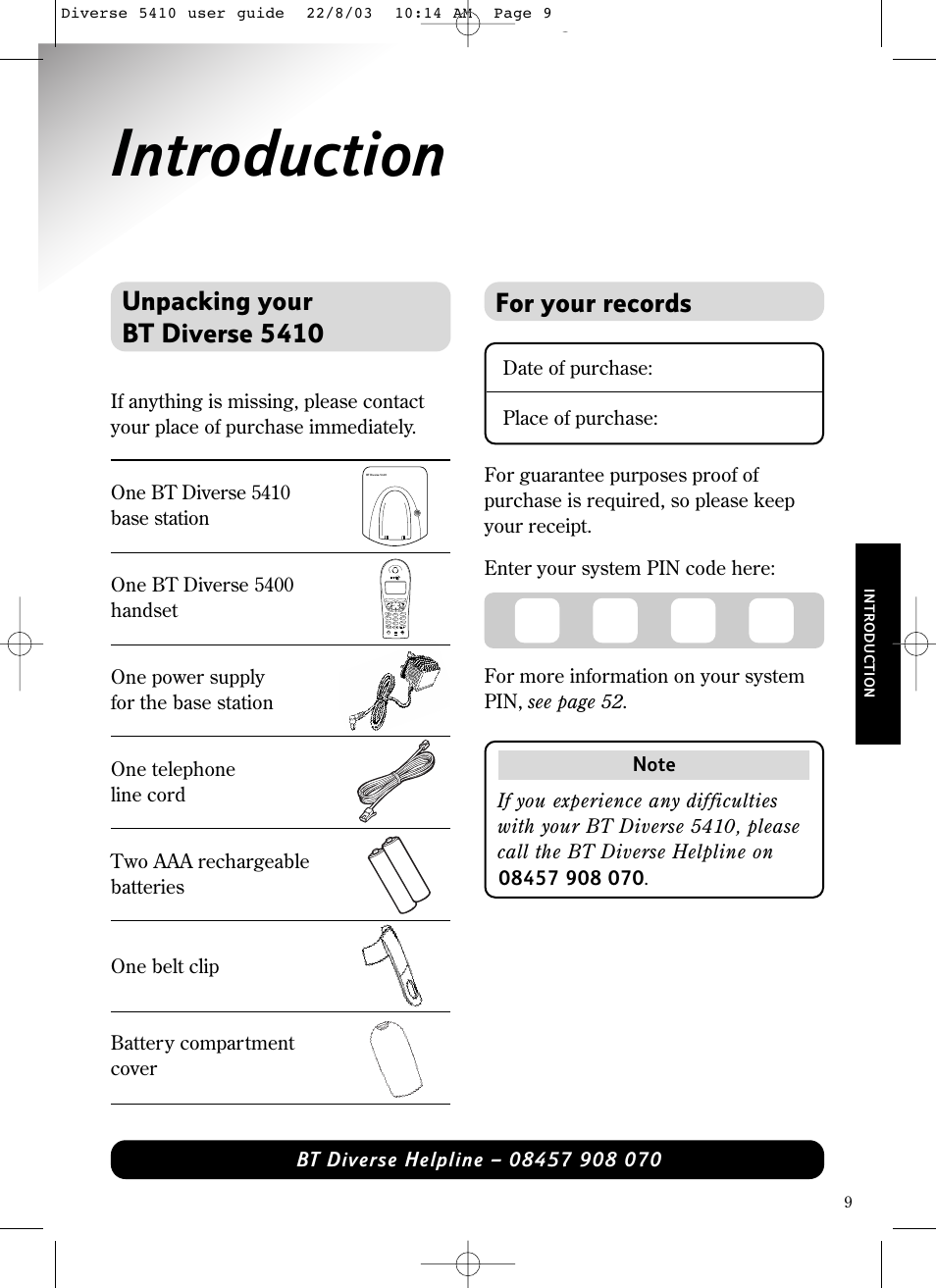 Introduction, Unpacking your bt diverse 5410, For your records | BT DIVERSE 5410 User Manual | Page 9 / 72