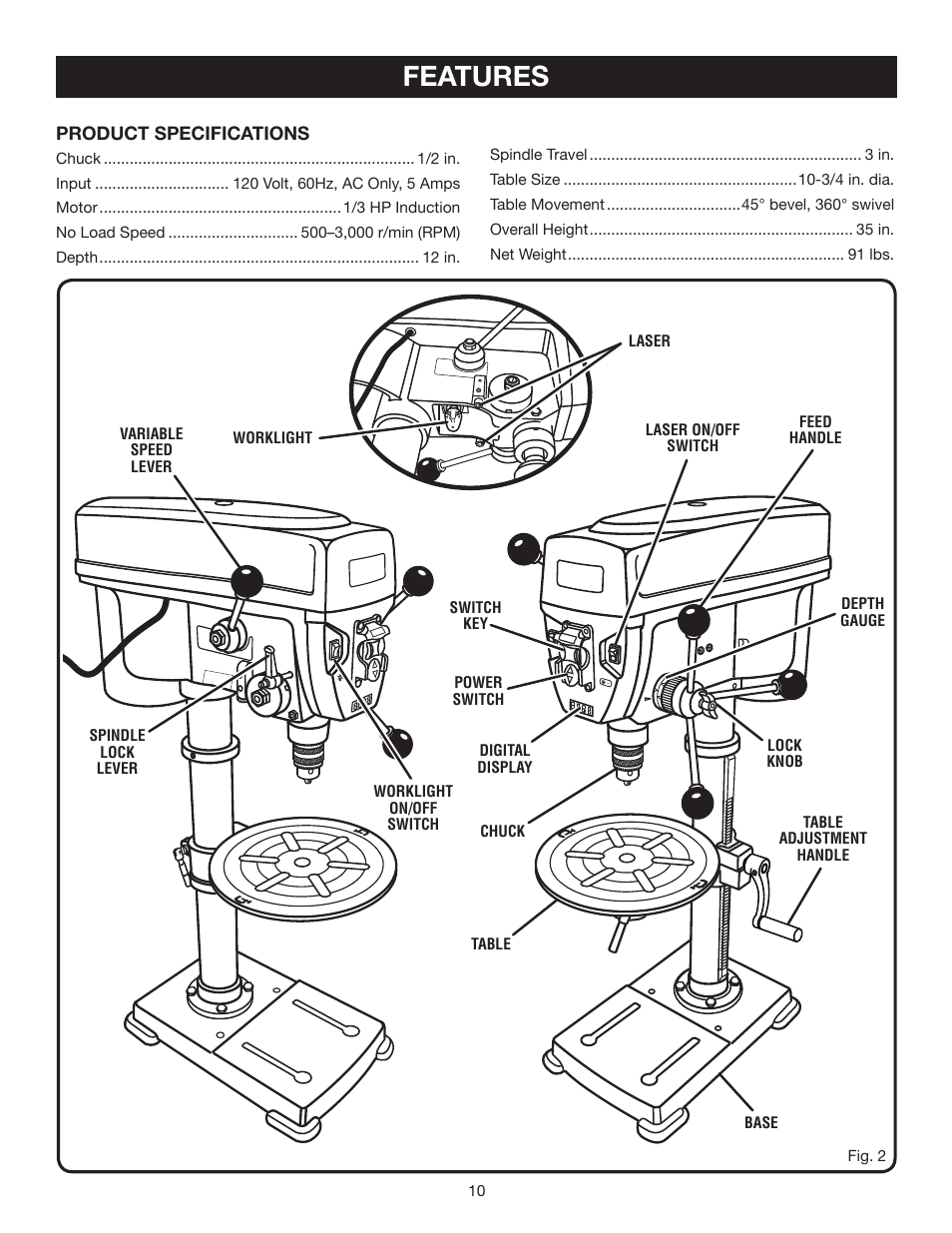 Features | Ryobi DP121 User Manual | Page 10 / 24